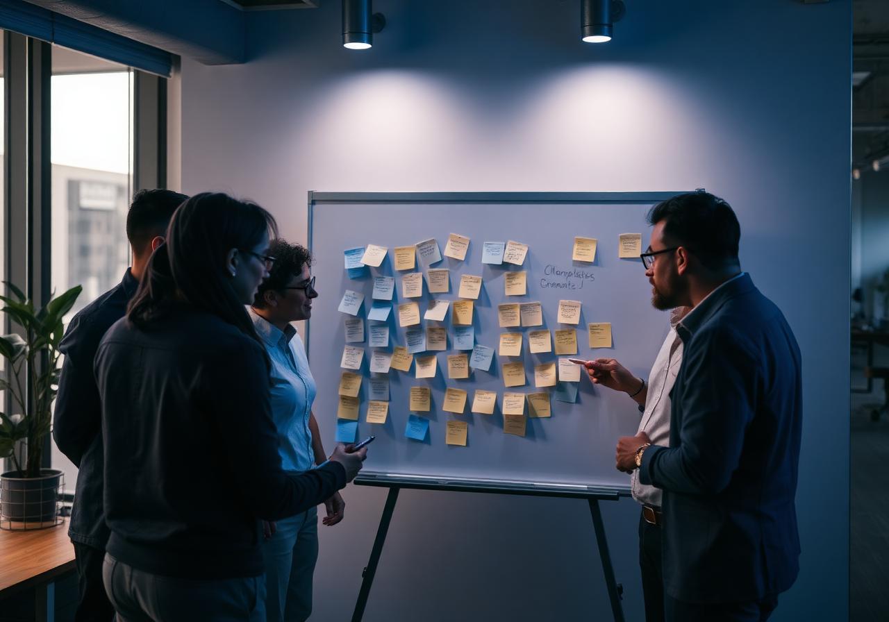 Equipo corporativo trabajando en un tablero de innovación durante una Jam